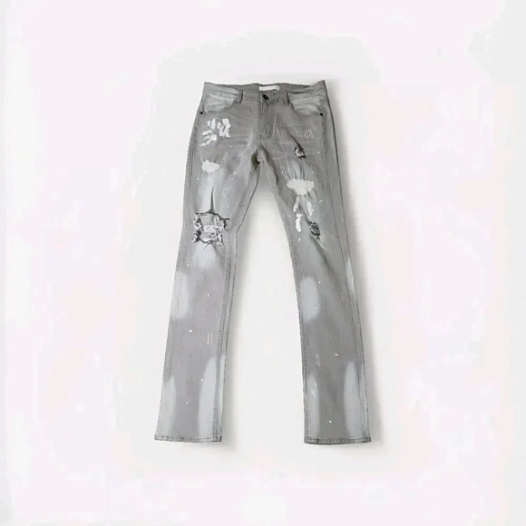 KDNK 11 4 14 11 Jeans Men 34 Gray Bleach Splatter Zip Leg Ripped Distressed - Picture 1 of 9
